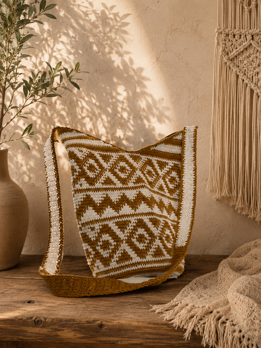 Golden Sun Geometric Crochet Shoulder Bag | Handmade Guatemalan Crochet Bag | Mustard & White Geometric Artisan Shoulder Purse
