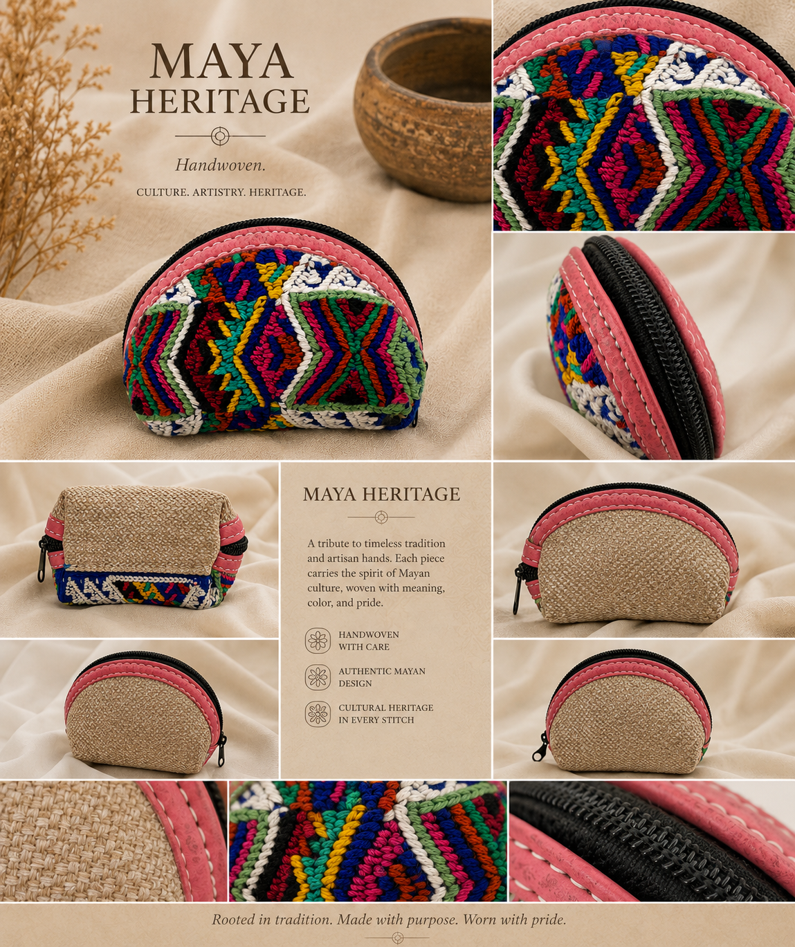 Vegan Leather | Handcrafted Guatemalan Huipil Coin Purse | Colorful Artisan Zip Pouch