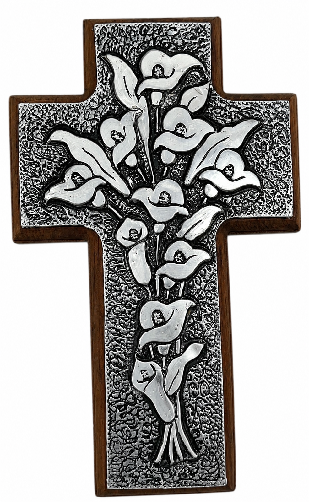 Handcrafted Mahogany and Hammered Metal Calla Lily Cross | Artisan Wall Decor from Antigua Guatemala