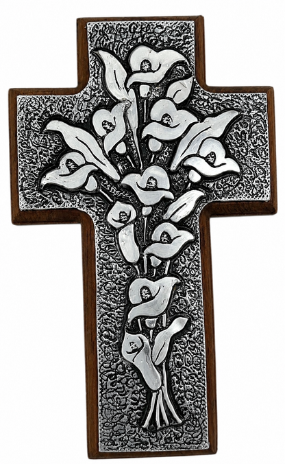 Handcrafted Mahogany and Hammered Metal Calla Lily Cross | Artisan Wall Decor from Antigua Guatemala
