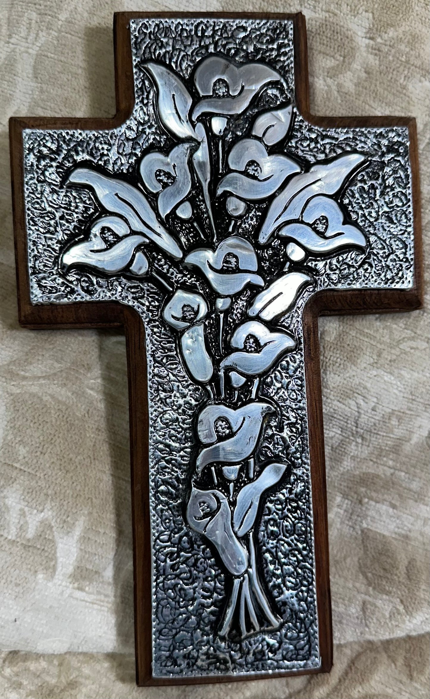 Handcrafted Mahogany and Hammered Metal Calla Lily Cross | Artisan Wall Decor from Antigua Guatemala