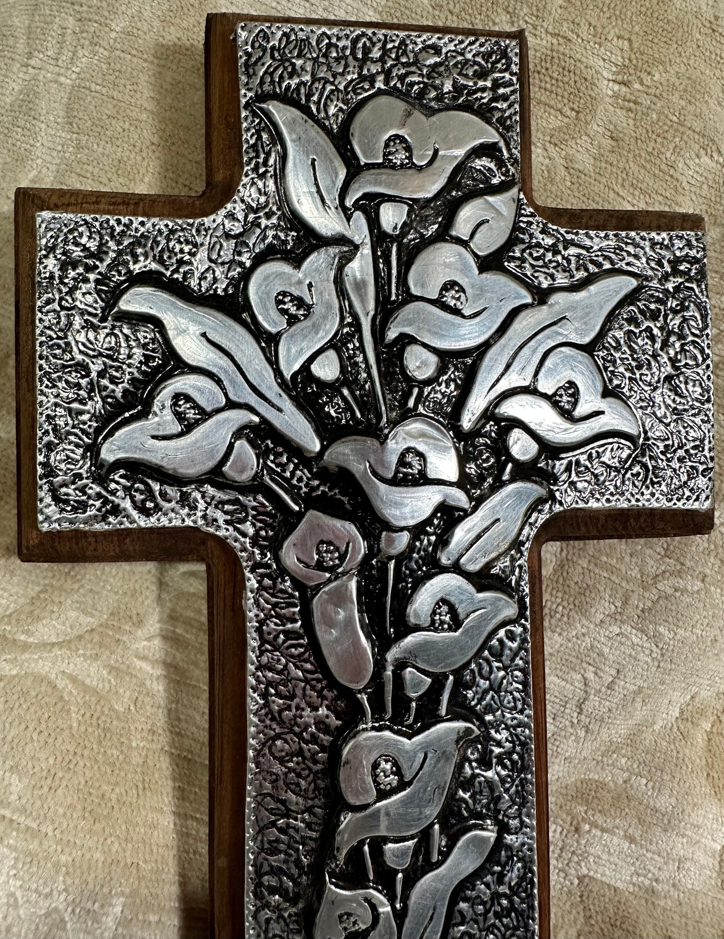 Handcrafted Mahogany and Hammered Metal Calla Lily Cross | Artisan Wall Decor from Antigua Guatemala