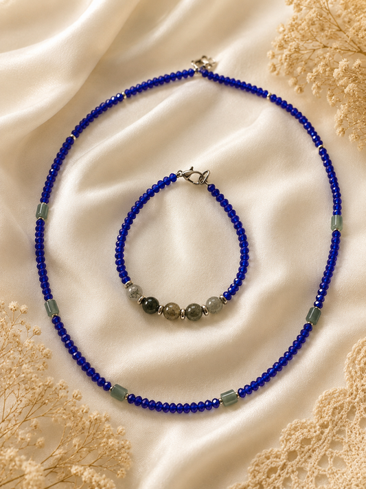 Necklace with Blue Beads & Green Jade Beads