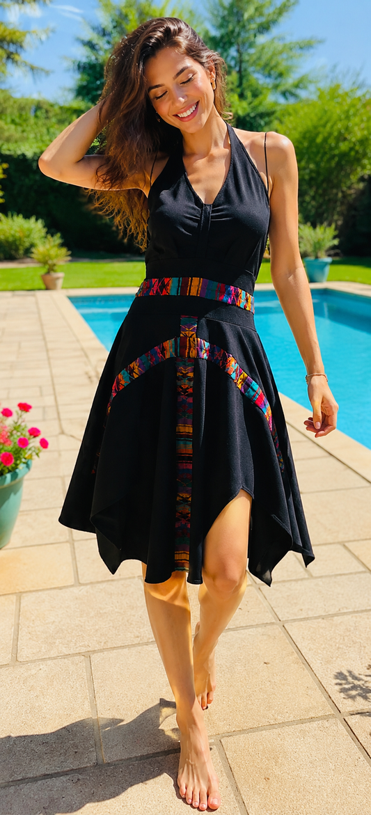 Handcrafted Guatemalan Textile Accent Dress | Open Back Darck Blue Dress with Artisan Detail