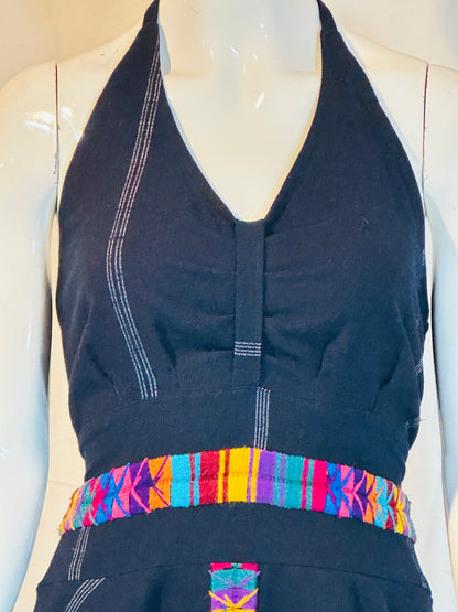 Handcrafted Guatemalan Textile Accent Dress | Open Back Darck Blue Dress with Artisan Detail