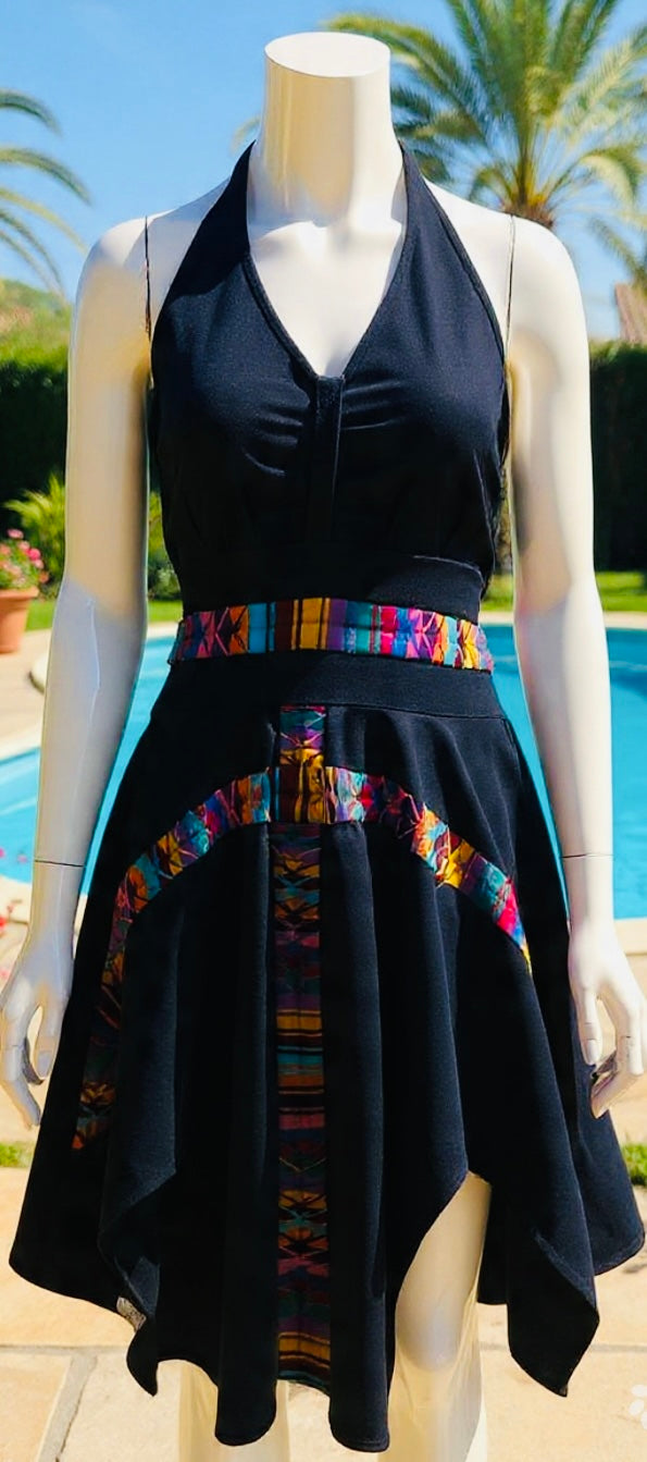 Handcrafted Guatemalan Textile Accent Dress | Open Back Darck Blue Dress with Artisan Detail