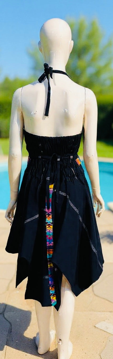 Handcrafted Guatemalan Textile Accent Dress | Open Back Darck Blue Dress with Artisan Detail