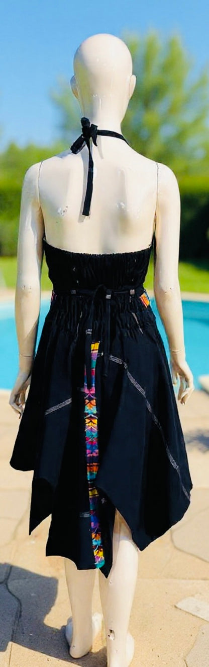 Handcrafted Guatemalan Textile Accent Dress | Open Back Darck Blue Dress with Artisan Detail