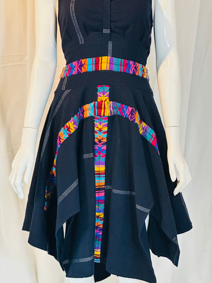 Handcrafted Guatemalan Textile Accent Dress | Open Back Darck Blue Dress with Artisan Detail