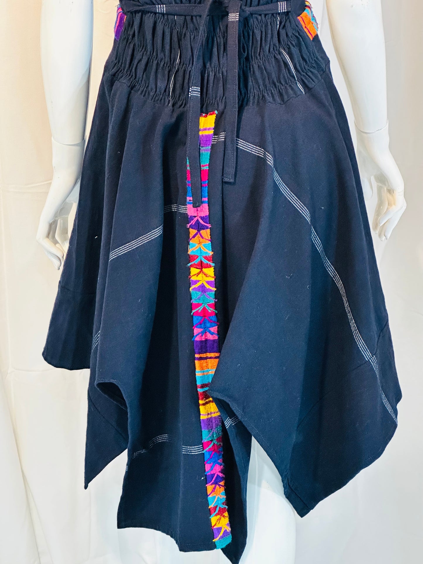 Handcrafted Guatemalan Textile Accent Dress | Open Back Darck Blue Dress with Artisan Detail