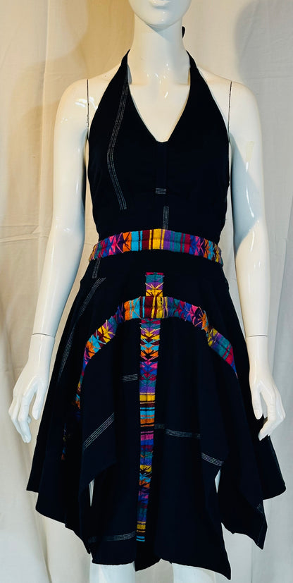 Handcrafted Guatemalan Textile Accent Dress | Open Back Darck Blue Dress with Artisan Detail
