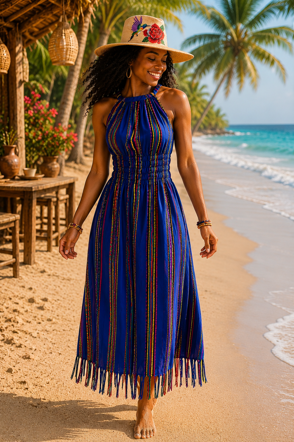 Handmade 100% Cotton Guatemalan Artisan Dress | Blue Lightweight Resort Dress with Handwoven Detail
