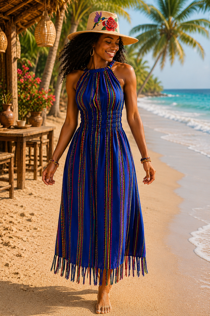 Handmade 100% Cotton Guatemalan Artisan Dress | Blue Lightweight Resort Dress with Handwoven Detail