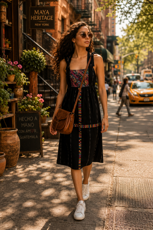 Handmade Guatemalan Artisan Dress | Boho Black Midi Dress with Handwoven Textile Detail