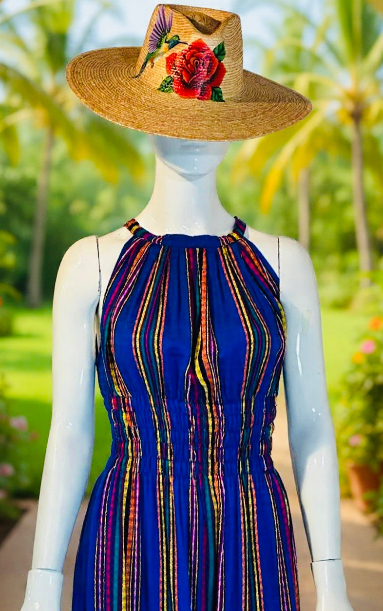 Handmade 100% Cotton Guatemalan Artisan Dress | Blue Lightweight Resort Dress with Handwoven Detail