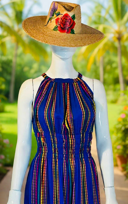 Handmade 100% Cotton Guatemalan Artisan Dress | Blue Lightweight Resort Dress with Handwoven Detail