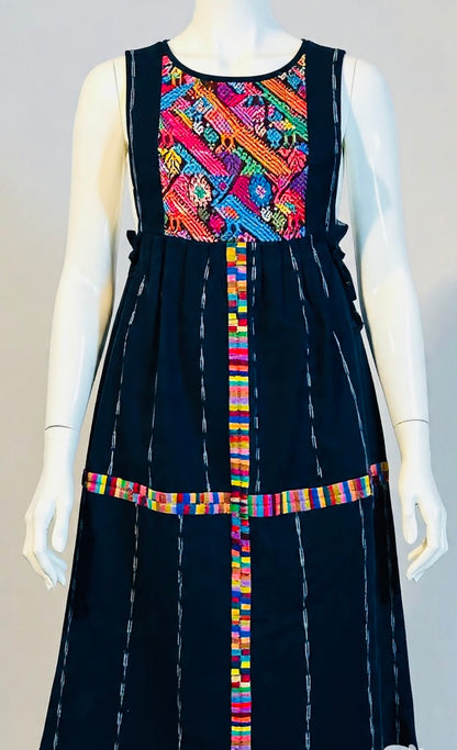 Handmade Guatemalan Artisan Dress | Boho Black Midi Dress with Handwoven Textile Detail