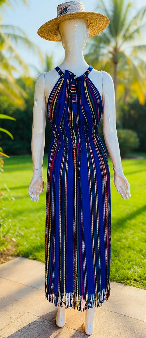 Handmade 100% Cotton Guatemalan Artisan Dress | Blue Lightweight Resort Dress with Handwoven Detail