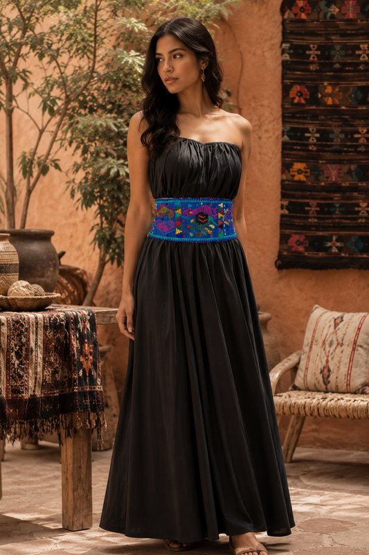 Handwoven Blue Guatemalan Faja | Maya Artisan Waist Belt | San Juan Sacatepéquez