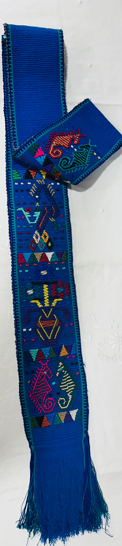 Handwoven Blue Guatemalan Faja | Maya Artisan Waist Belt | San Juan Sacatepéquez