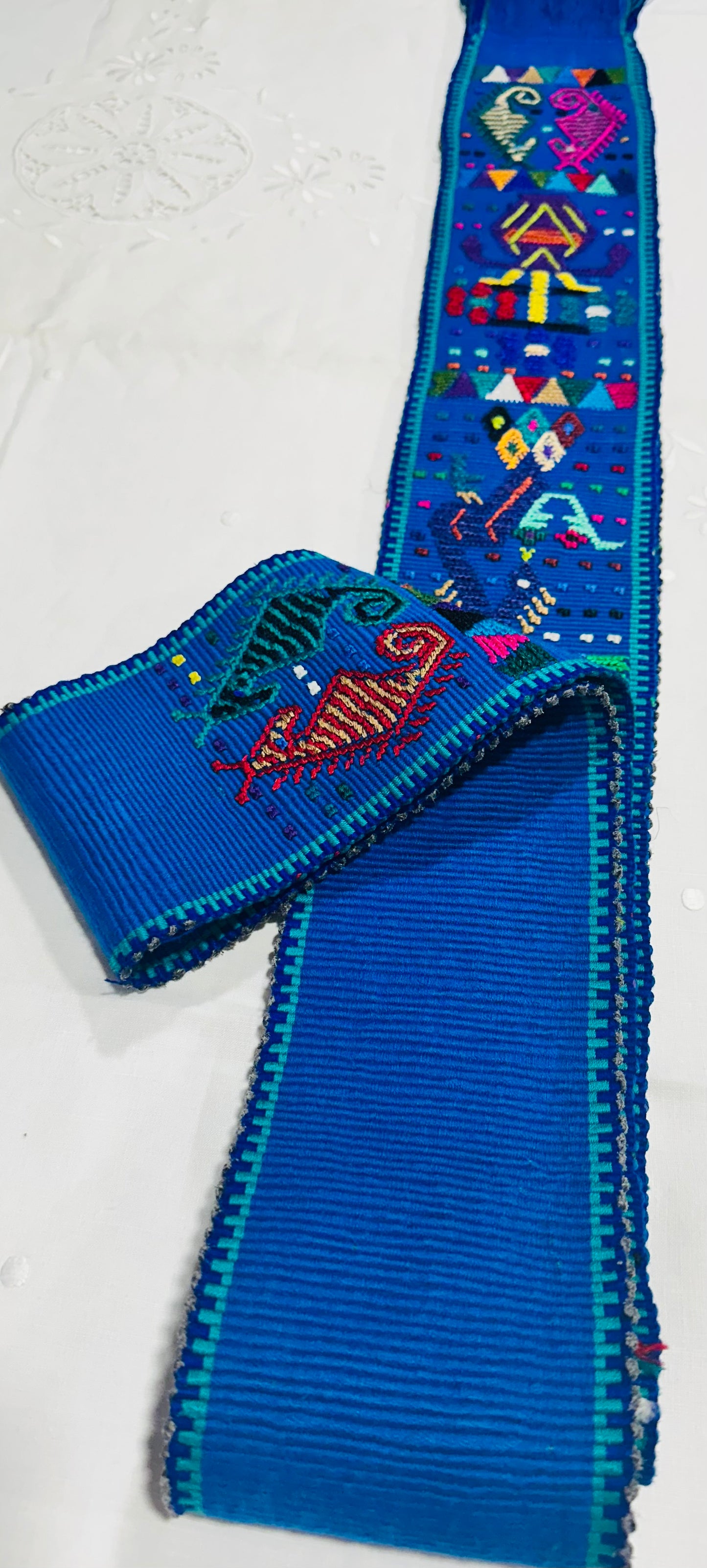 Handwoven Blue Guatemalan Faja | Maya Artisan Waist Belt | San Juan Sacatepéquez