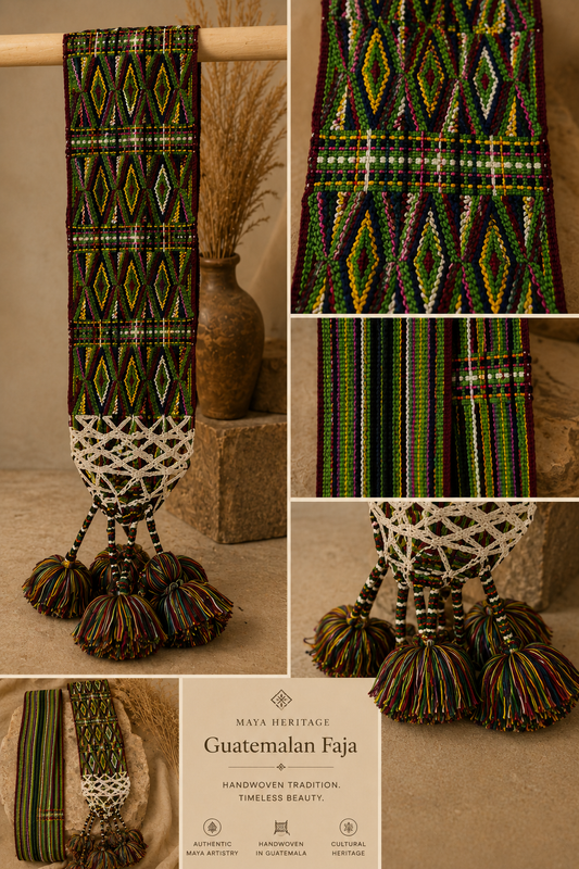 Handwoven Guatemalan Faja with Pom Poms | Artisan Waist Belt