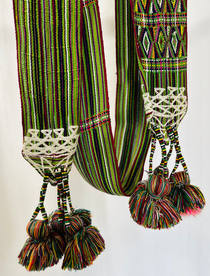 Handwoven Guatemalan Faja with Pom Poms | Artisan Waist Belt