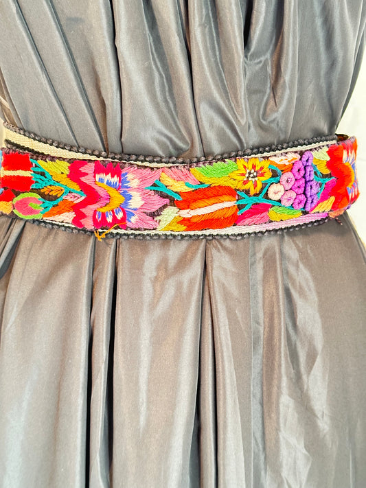 Vintage Hand Embroidered Guatemalan Faja, Floral Woven Belt with Traditional Artisan Embroidery