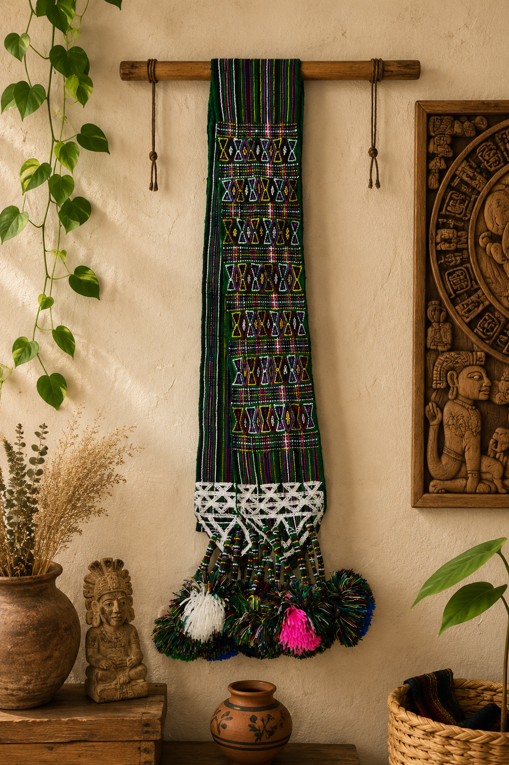 Vintage Guatemalan Handwoven Faja with Pom Poms