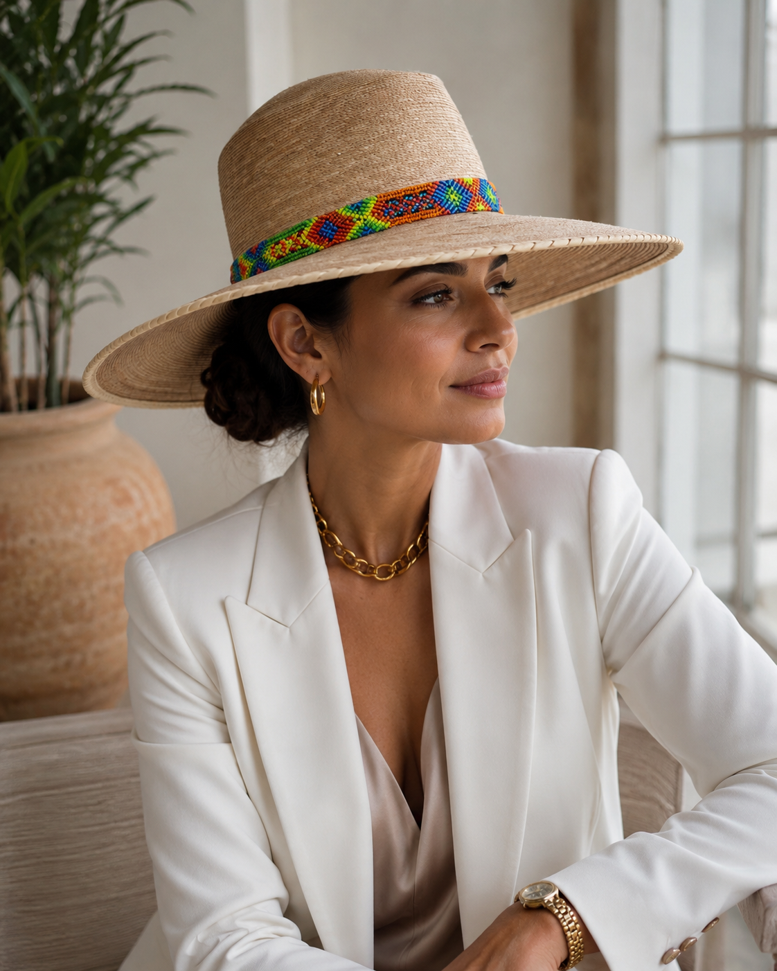 Handwoven Palm Hat with Guatemalan Textile Band | Wide Brim Resort & Beach Hat