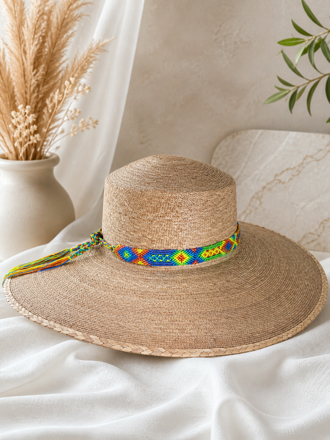 Handwoven Palm Hat with Guatemalan Textile Band | Wide Brim Resort & Beach Hat