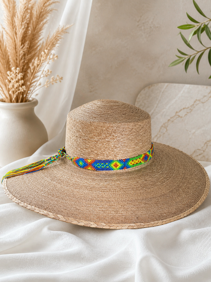 Handwoven Palm Hat with Guatemalan Textile Band | Wide Brim Resort & Beach Hat