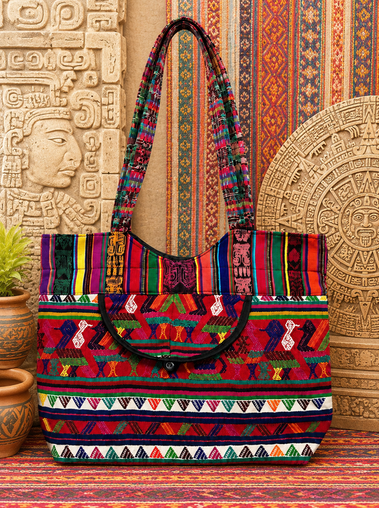 Handcrafted Guatemalan Huipil | Festival of Birds Huipil Tote with Front Pocket