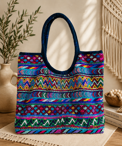 Handwoven Guatemalan Electric Zigzag Huipil Tote Bag | Vibrant Artisan Shoulder Bag&nbsp;
