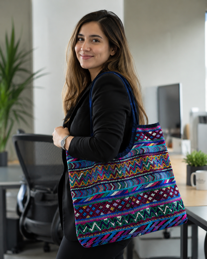 Handwoven Guatemalan Electric Zigzag Huipil Tote Bag | Vibrant Artisan Shoulder Bag&nbsp;