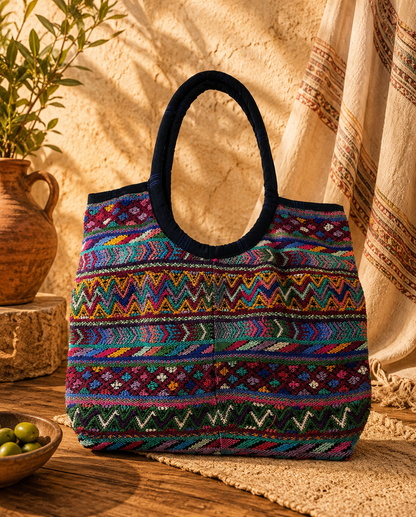 Handwoven Guatemalan Electric Zigzag Huipil Tote Bag | Vibrant Artisan Shoulder Bag&nbsp;