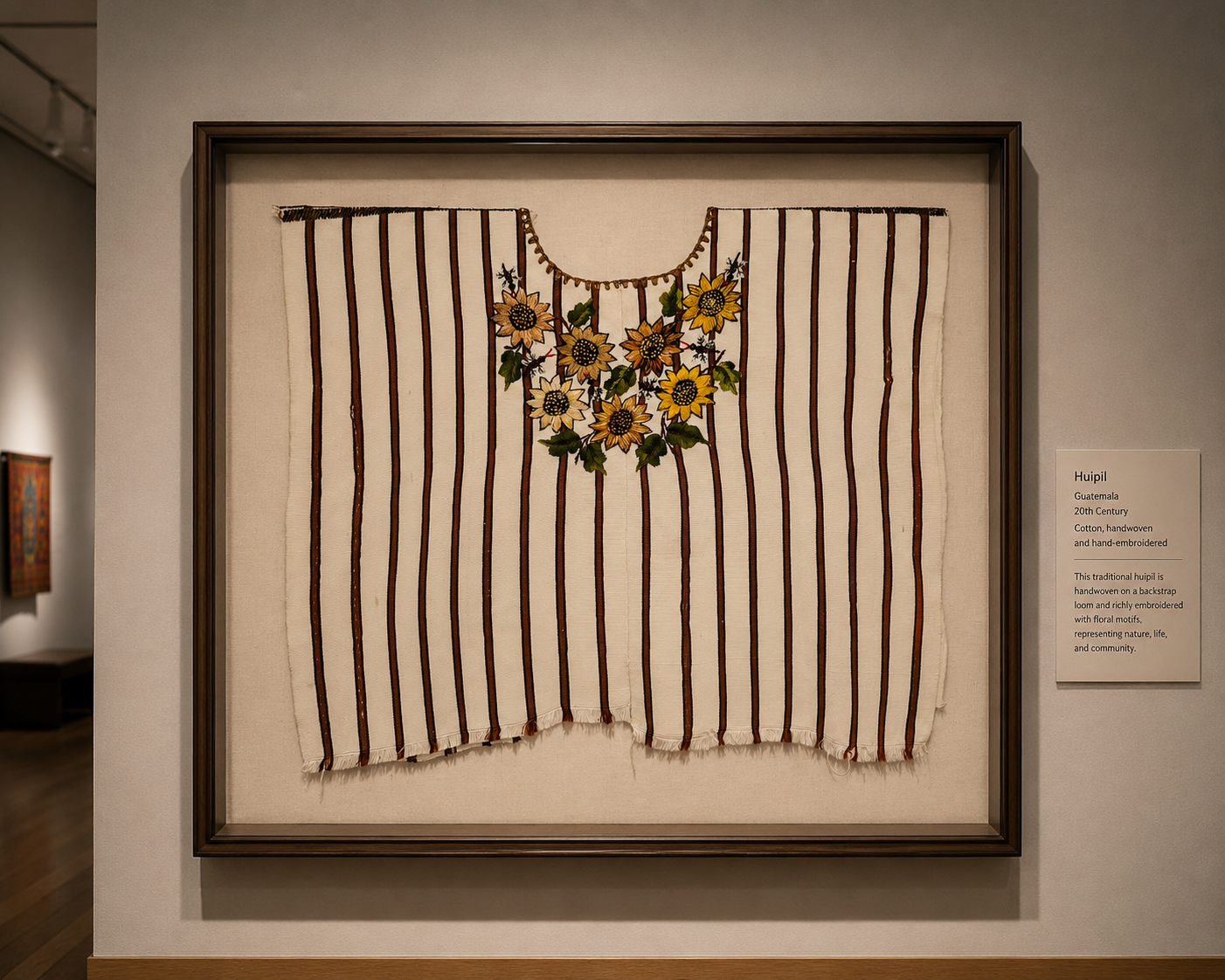 Vintage Sunflower Embroidered Huipil from Guatemala