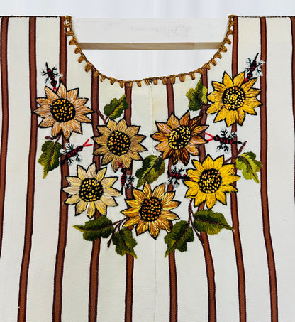 Vintage Sunflower Embroidered Huipil from Guatemala