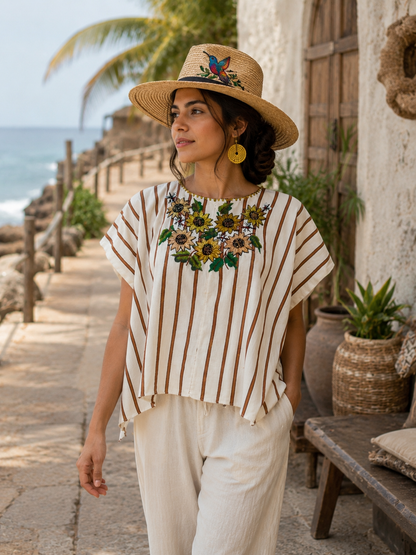 Vintage Sunflower Embroidered Huipil from Guatemala