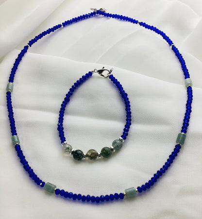 Necklace with Blue Beads & Green Jade Beads