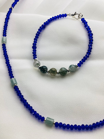 Necklace with Blue Beads & Green Jade Beads
