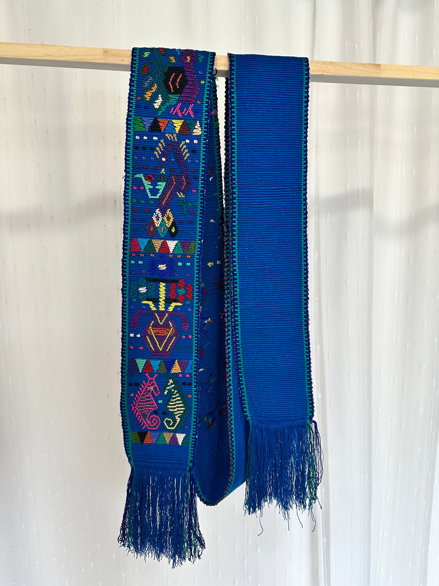 Handwoven Blue Guatemalan Faja | Maya Artisan Waist Belt | San Juan Sacatepéquez
