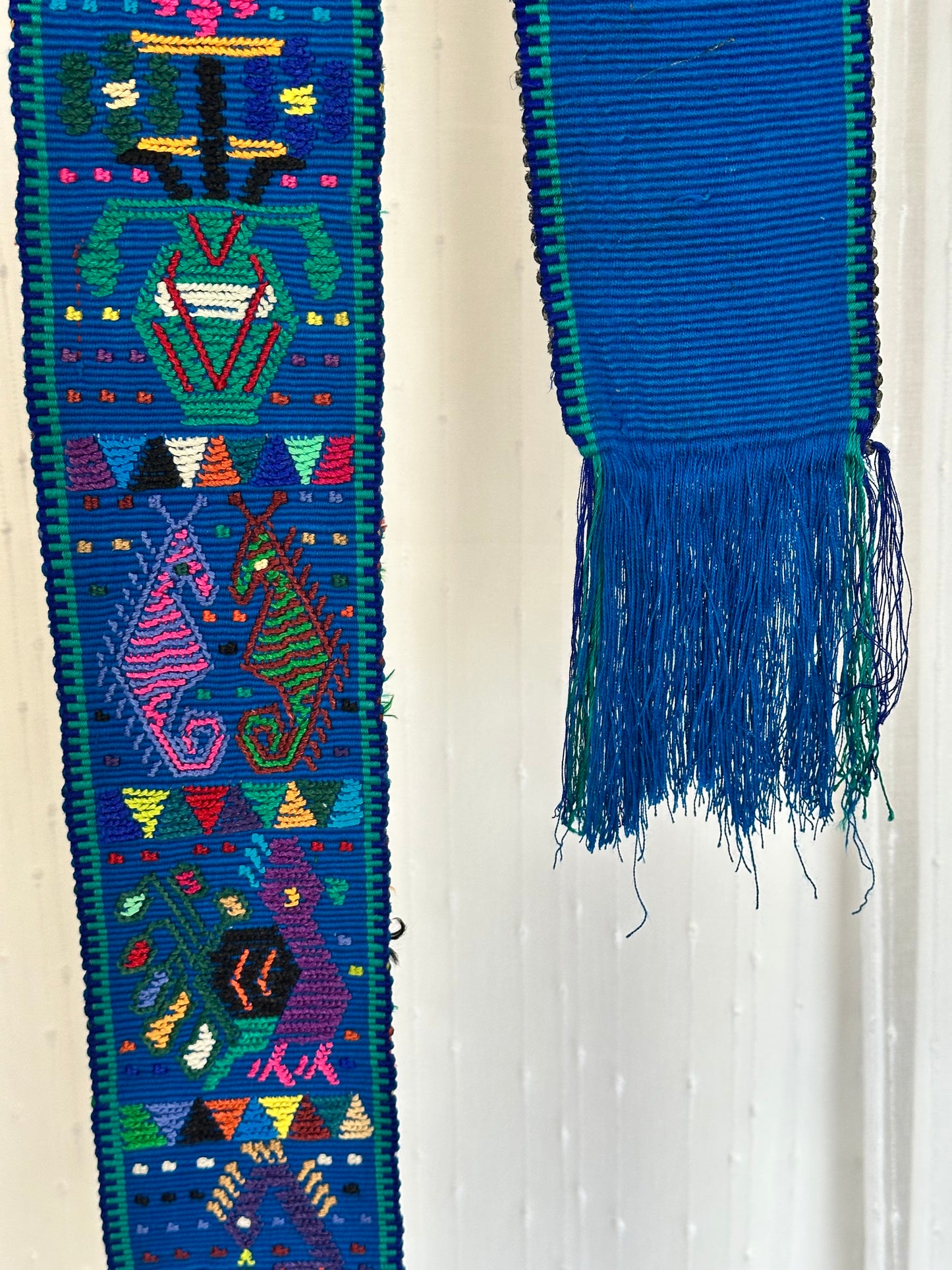 Handwoven Blue Guatemalan Faja | Maya Artisan Waist Belt | San Juan Sacatepéquez