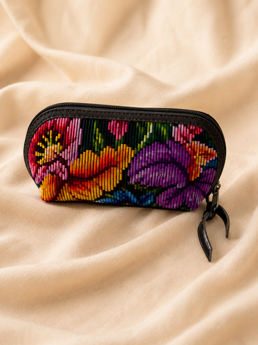 Guatemalan Floral Makeup Bag | Black Vegan Leather Trim