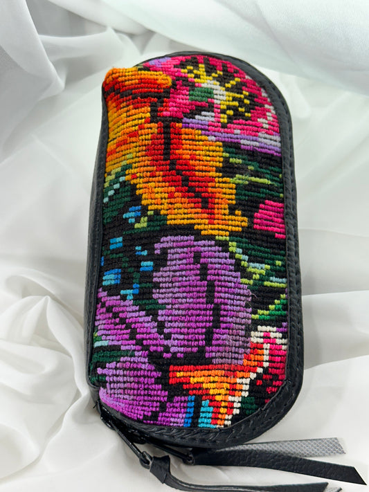 Guatemalan Floral Makeup Bag | Black Vegan Leather Trim
