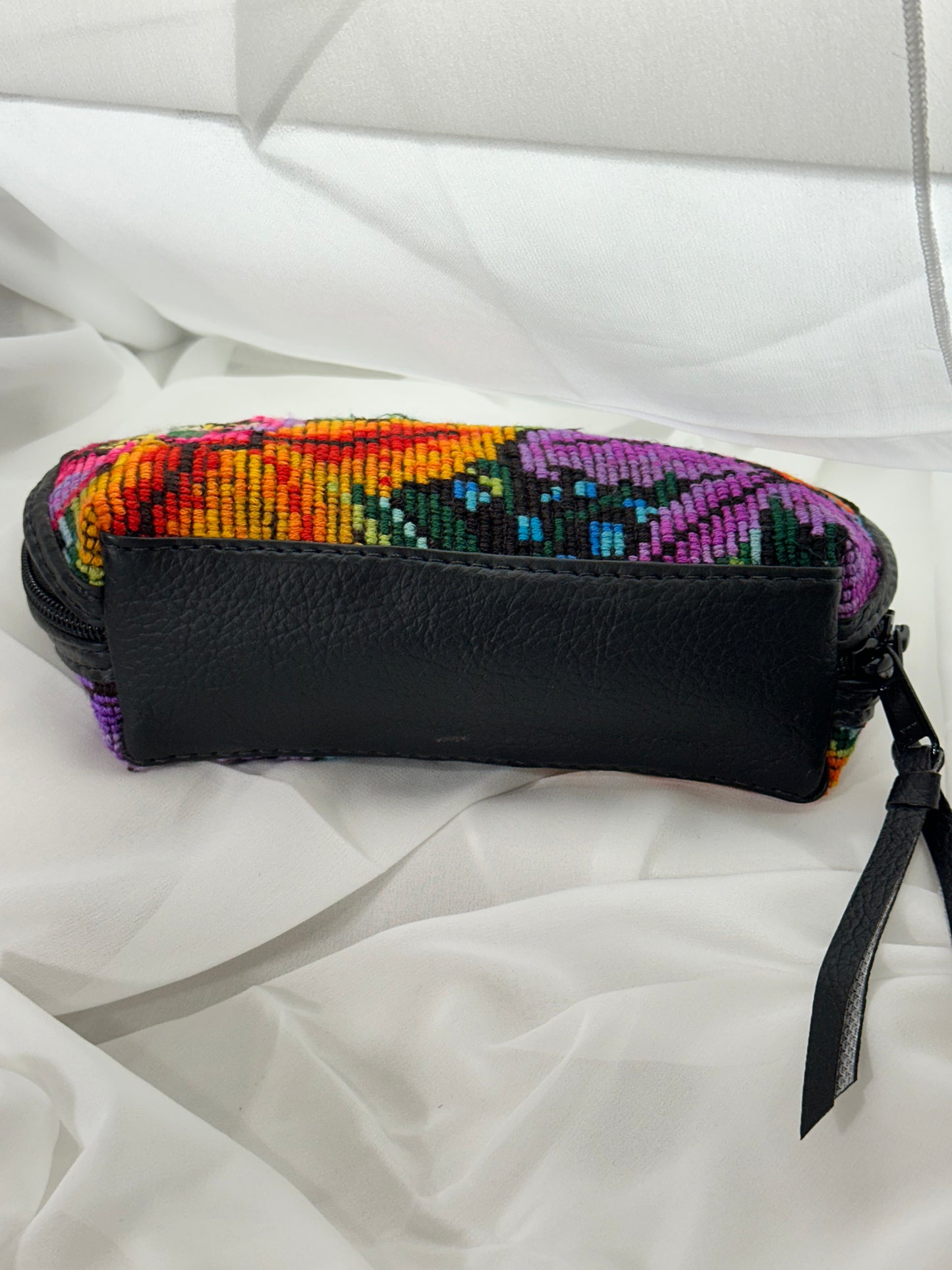 Guatemalan Floral Makeup Bag | Black Vegan Leather Trim