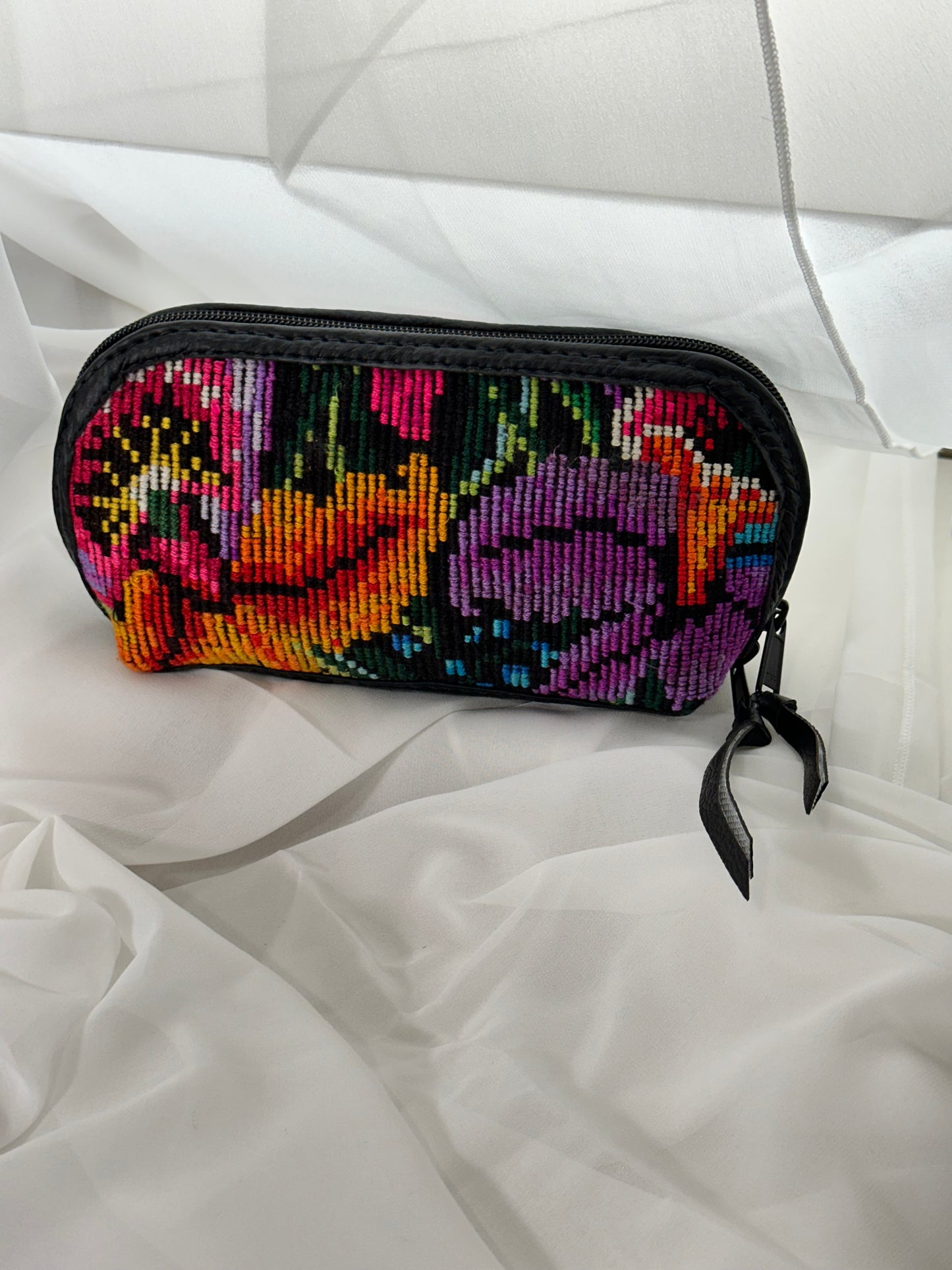 Guatemalan Floral Makeup Bag | Black Vegan Leather Trim