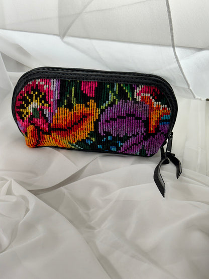 Guatemalan Floral Makeup Bag | Black Vegan Leather Trim
