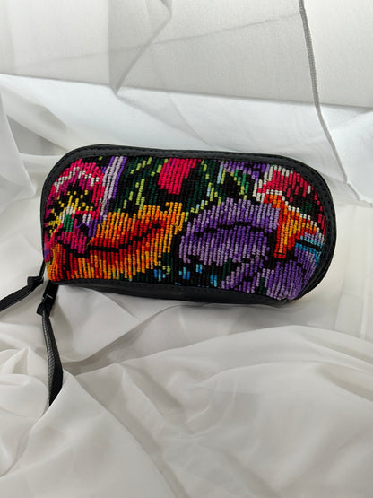 Guatemalan Floral Makeup Bag | Black Vegan Leather Trim