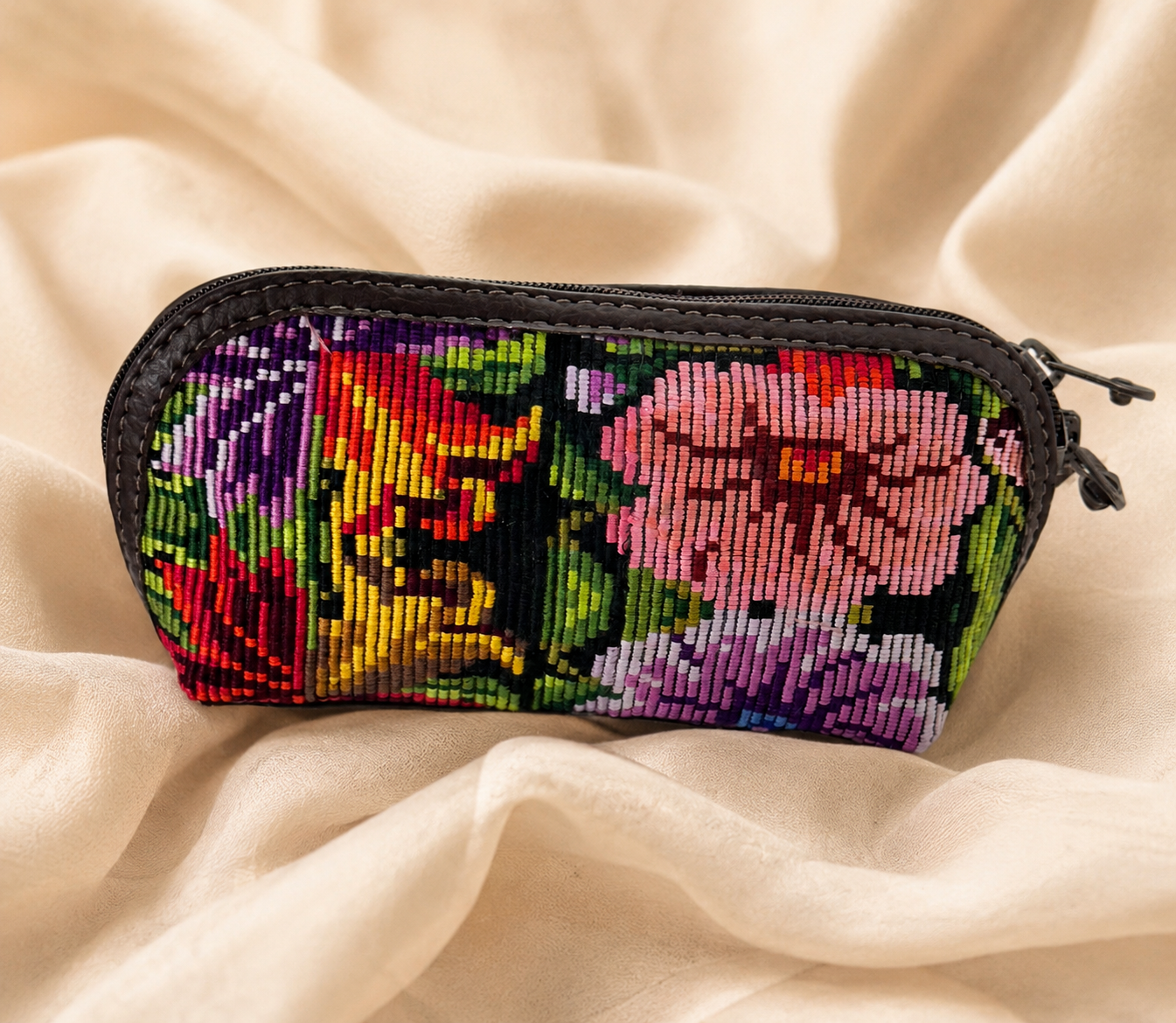 Guatemalan Floral Makeup Bag | Vegan Leather Trim